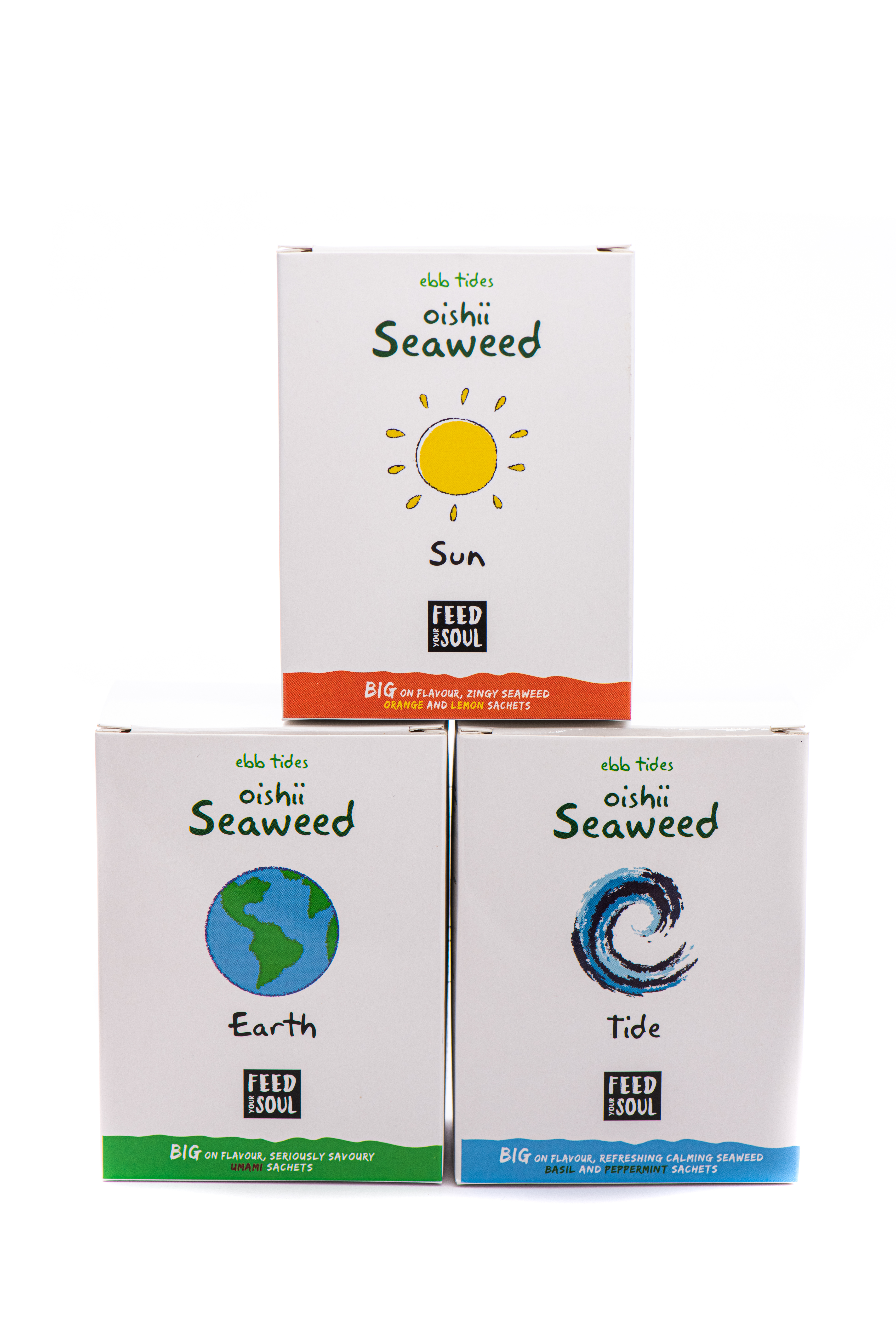 Ebb Tides Oishii Earth, Tide & Sun - Goodness discounted for those wanting to Snack, Sprinkle or Infuse our dried seaweed in a sachet